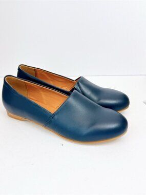Size 9 Women’s Dark Blue Faux Leather Round Toe Flats FOWT Work Shoes Daily